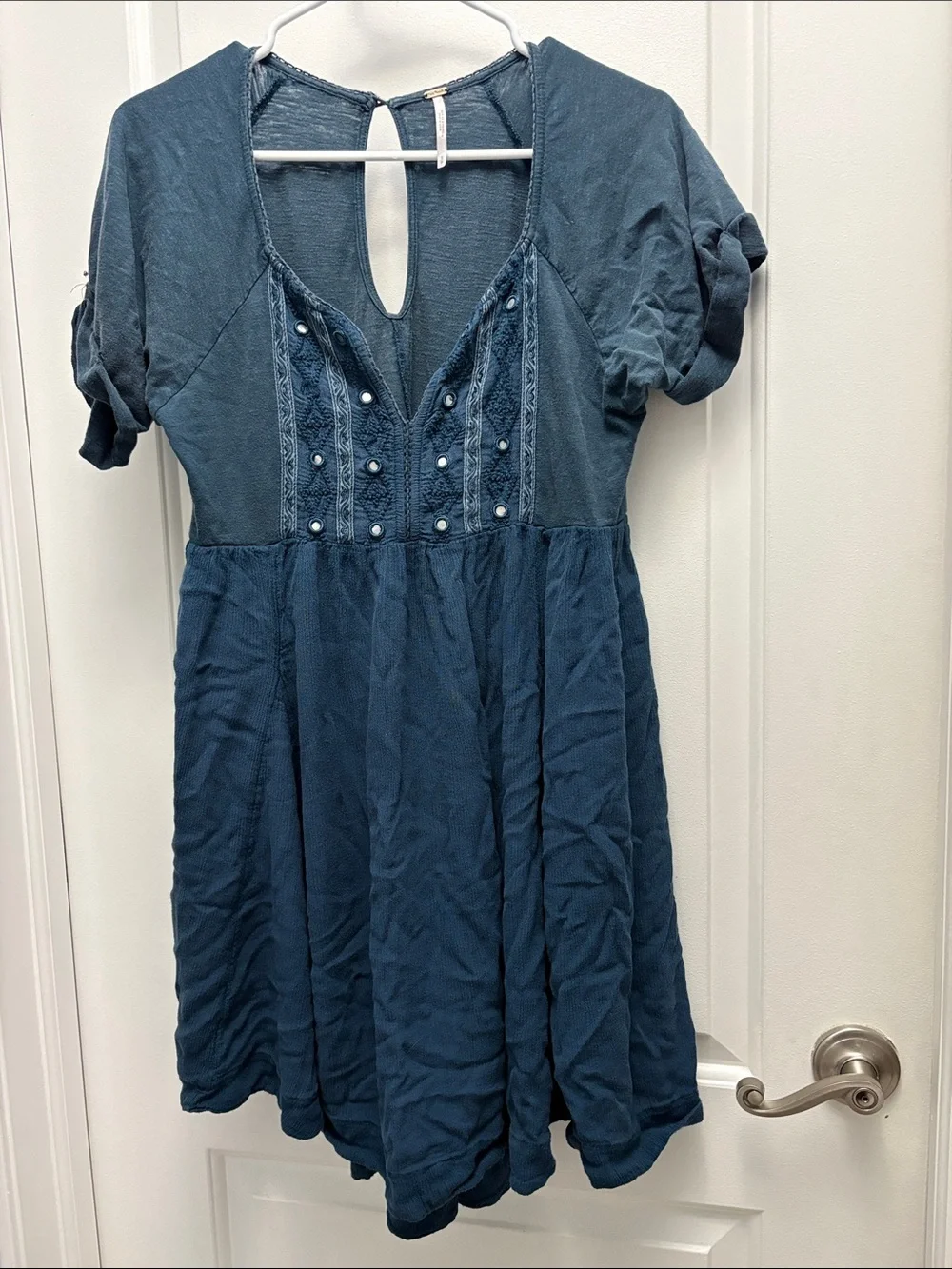 Free People Blue Embroidered Mirror Detail Mini Dress Tunic Small Pockets Boho